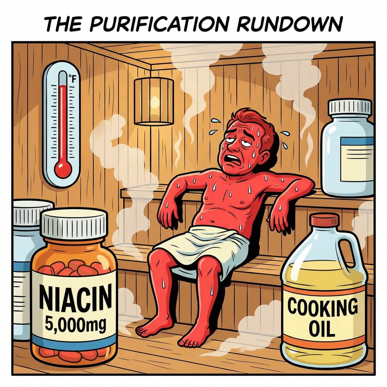 Purification Rundown - man in sauna with niacin and cooking oil
